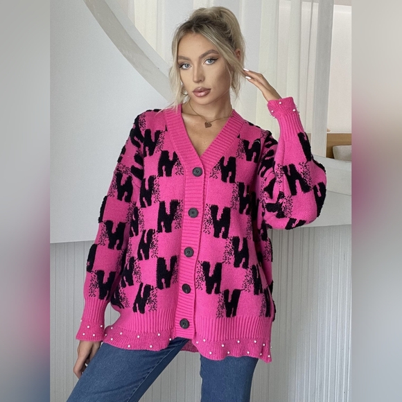 Pink and Black Women's Cardigan Sweater With Pearl Trim. One Size Fits